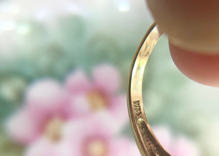 Vintage 10k Gold Ring with 5 Blue Topaz Stones, showing the inside hallmark and gold quality.