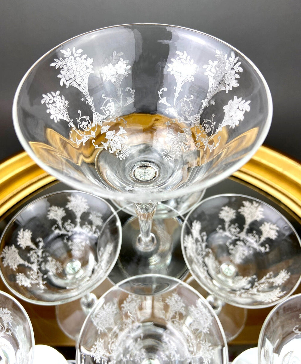 Vintage Morgantown Mayfair Etched Liquor Stemware, Set of 8 featuring floral etching on crystal glasses.