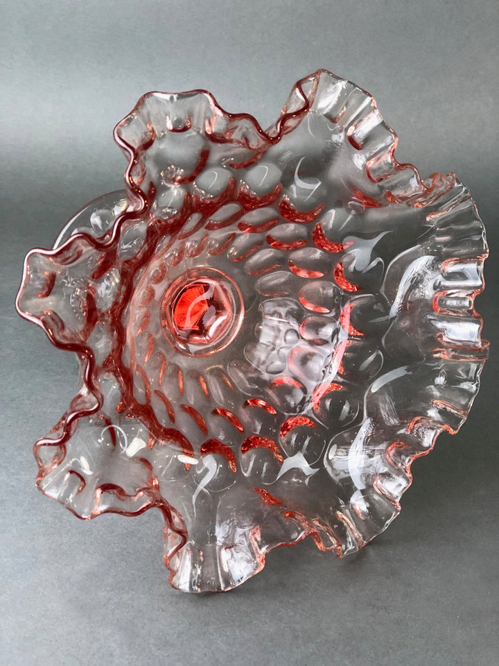 Red Glass Bowl with Ruffled Edges and Clear Body, Vintage Decorative Centerpiece or Serving Dish.