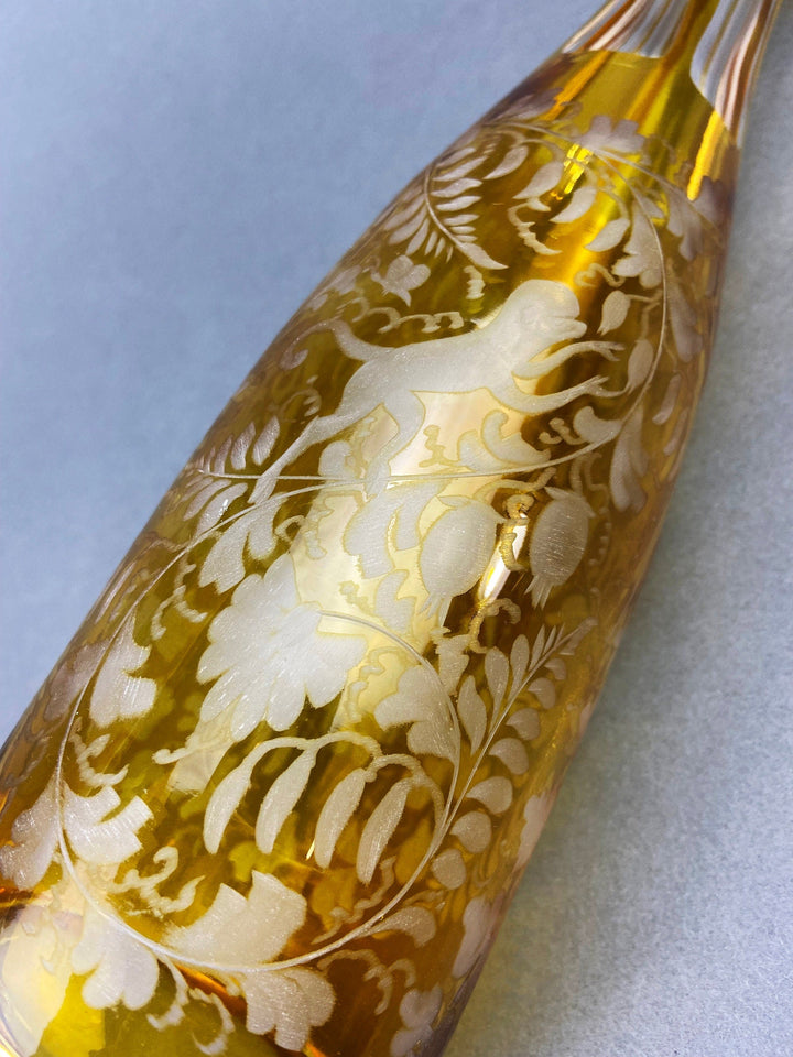Crystal Decanter with Stopper. Cut Crystal Carafe. Decorative golden etched design.