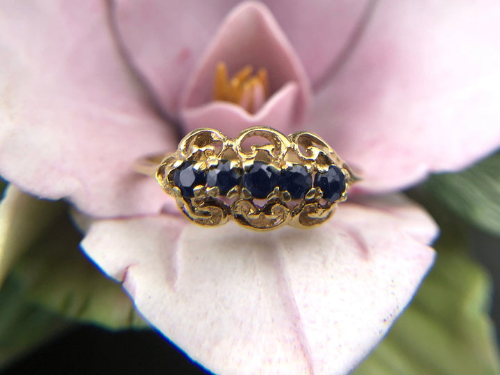Vintage 14K Gold Five-Stone Sapphire Filigree Ring
