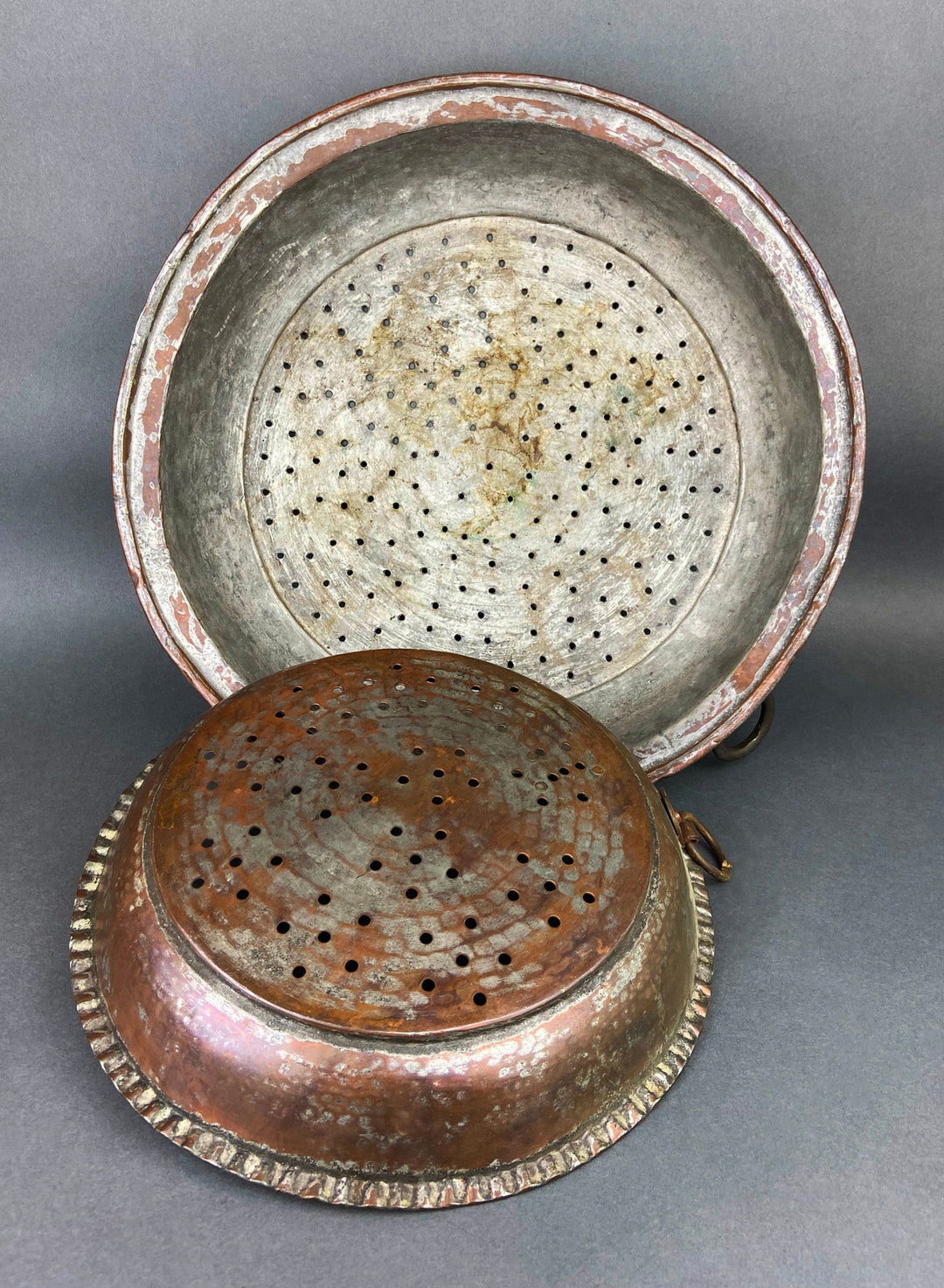 Antique Extra Large Sieves. Rustic Hand Hammered Home Decoration. Set of Two, Large, Primitive Hand Pounded Strainers.