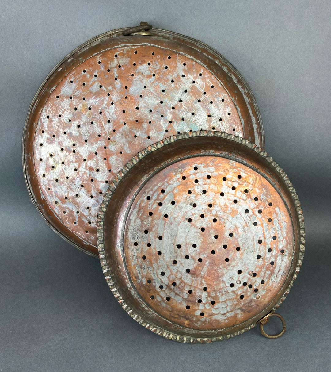 Antique Extra Large Sieves. Rustic Hand Hammered Home Decoration. Set of Two, Large, Primitive Hand Pounded Strainers.
