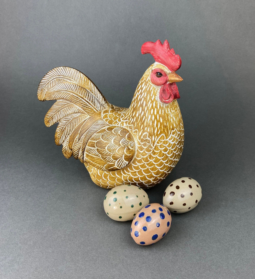 Set of 2 Wooden Hand Carved Rooster Figurines. Wood with Fabric Inlays & Gold Lines. Modern Farmhouse. Fall Decor. Table Centerpiece. Ethnic.