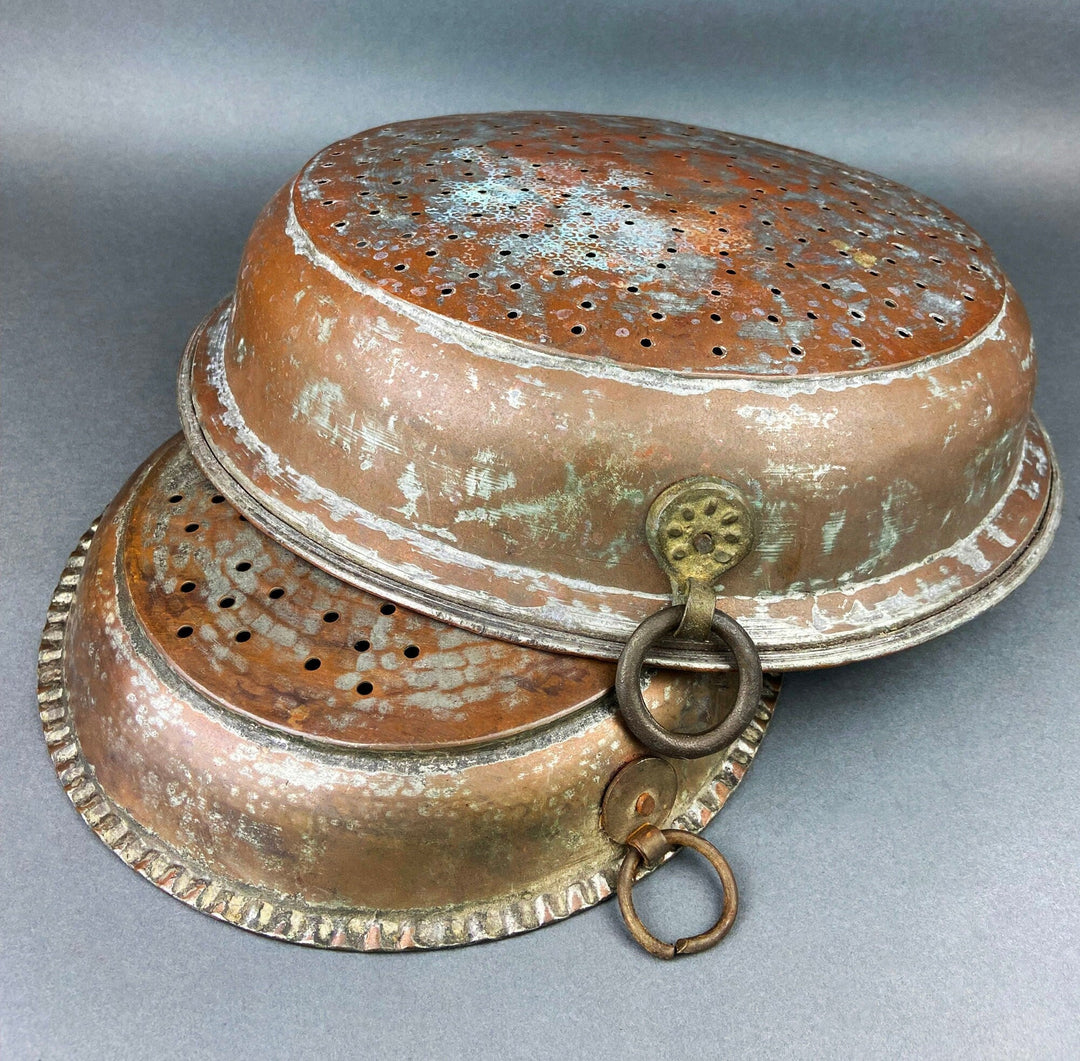 Antique Extra Large Sieves. Rustic Hand Hammered Home Decoration. Set of Two, Large, Primitive Hand Pounded Strainers.