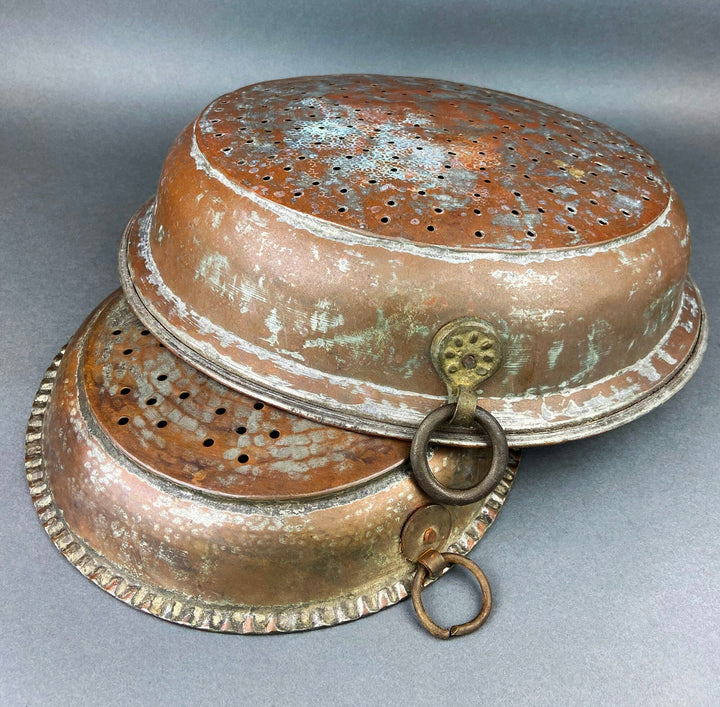 Antique Extra Large Sieves. Rustic Hand Hammered Home Decoration. Set of Two, Large, Primitive Hand Pounded Strainers.