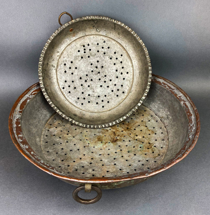 Antique Extra Large Sieves. Rustic Hand Hammered Home Decoration. Set of Two, Large, Primitive Hand Pounded Strainers.