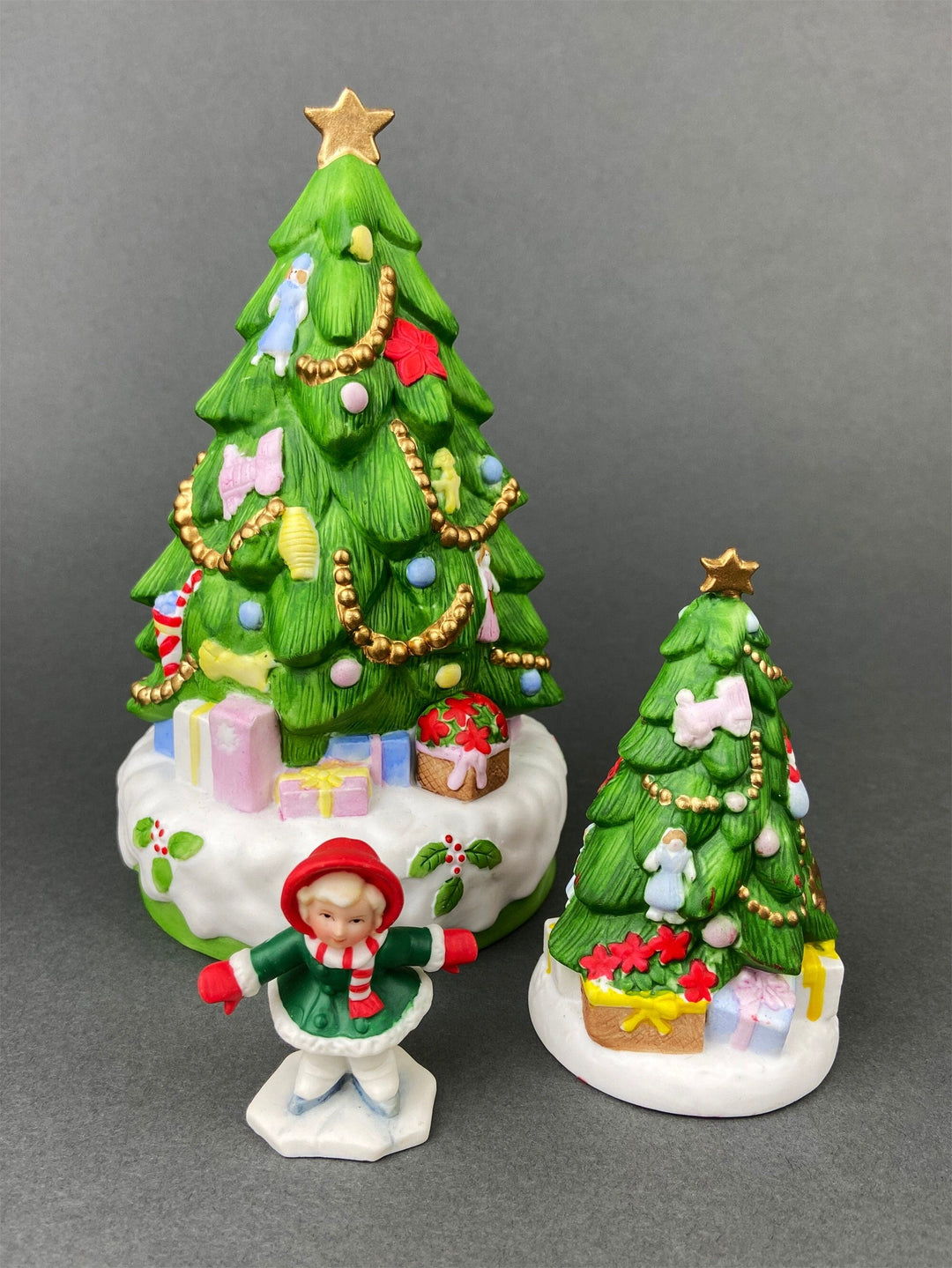 Christmas Village Accessories.  Dressed Christmas Trees by Nikko, Korea. Girl Figurine by Lefton.   Set of Two Trees and Little Girl.