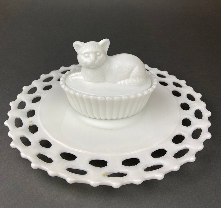 Vintage Westmoreland Milk Glass Cat Covered Dish. Trinket Condiment Serving Dish. Bath Display. Reticulated Lacey Edge. Gift for Cat Lover.