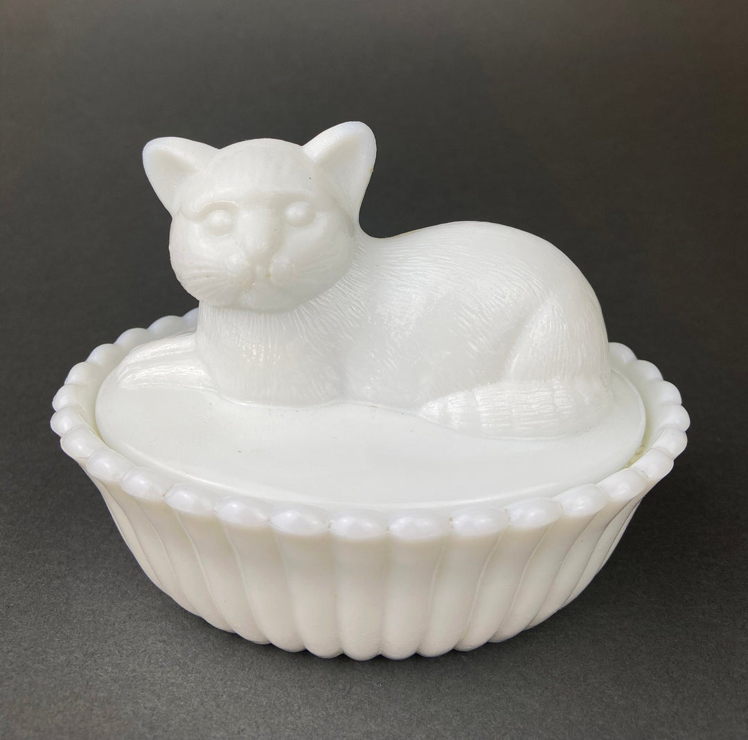 Vintage Westmoreland Milk Glass Cat Covered Dish. Trinket Condiment Serving Dish. Bath Display. Reticulated Lacey Edge. Gift for Cat Lover.