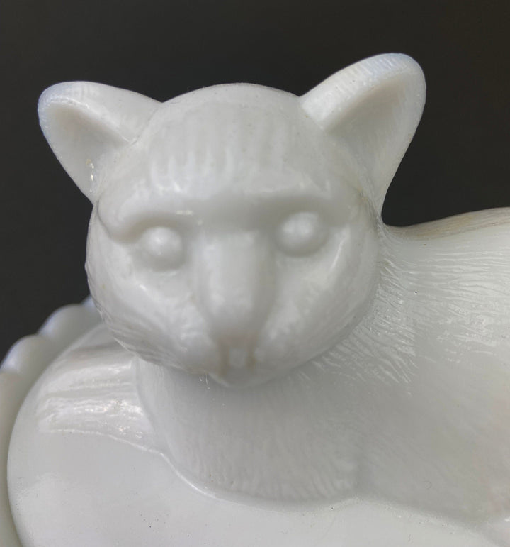 Vintage Westmoreland Milk Glass Cat Covered Dish. Trinket Condiment Serving Dish. Bath Display. Reticulated Lacey Edge. Gift for Cat Lover.