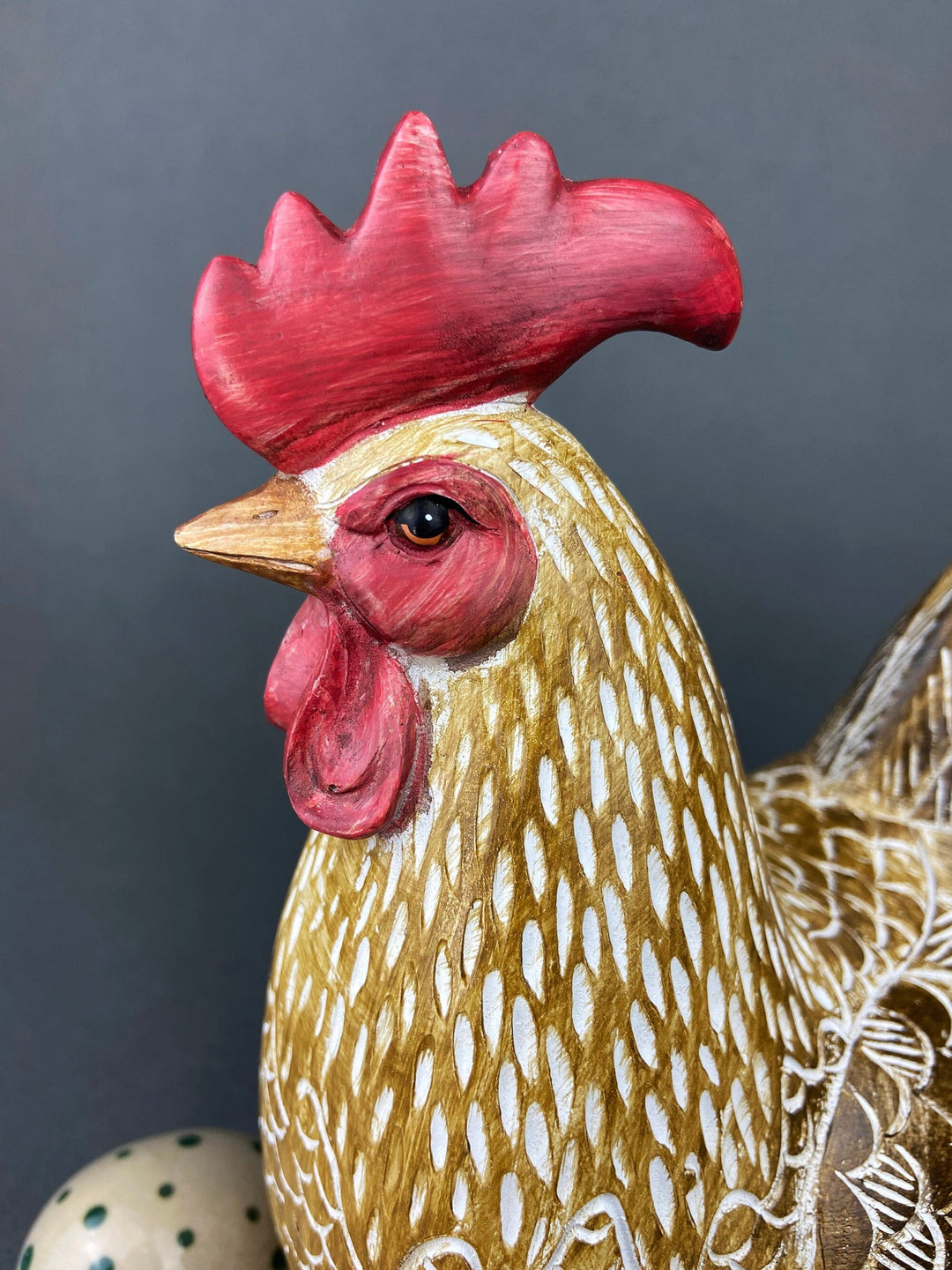 Set of 2 Wooden Hand Carved Rooster Figurines. Wood with Fabric Inlays & Gold Lines. Modern Farmhouse. Fall Decor.
