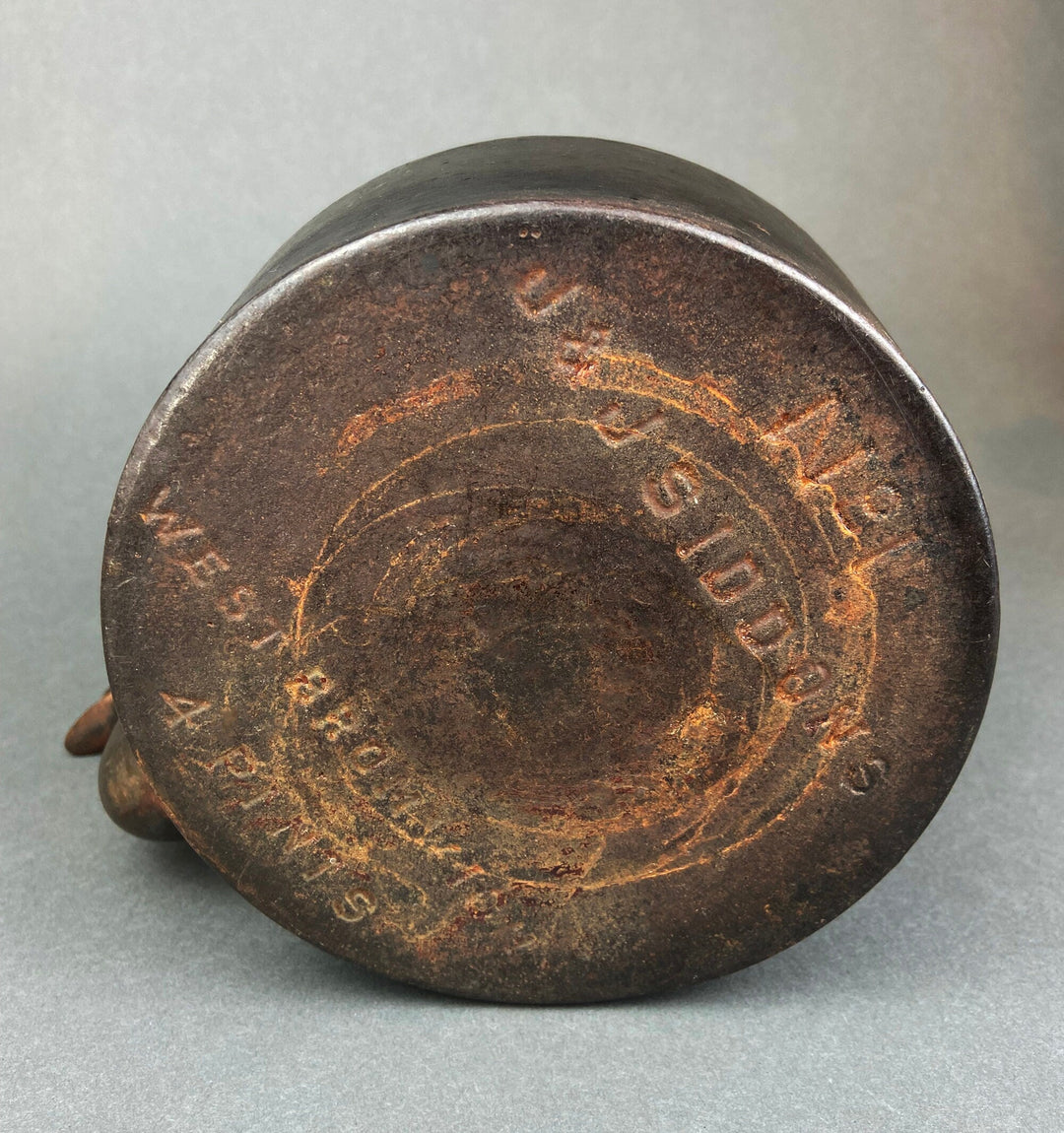 Bottom view of Antique Iron Kettle with Brass Lid - J&J Siddons - Westbromwich showing markings and dimensions.