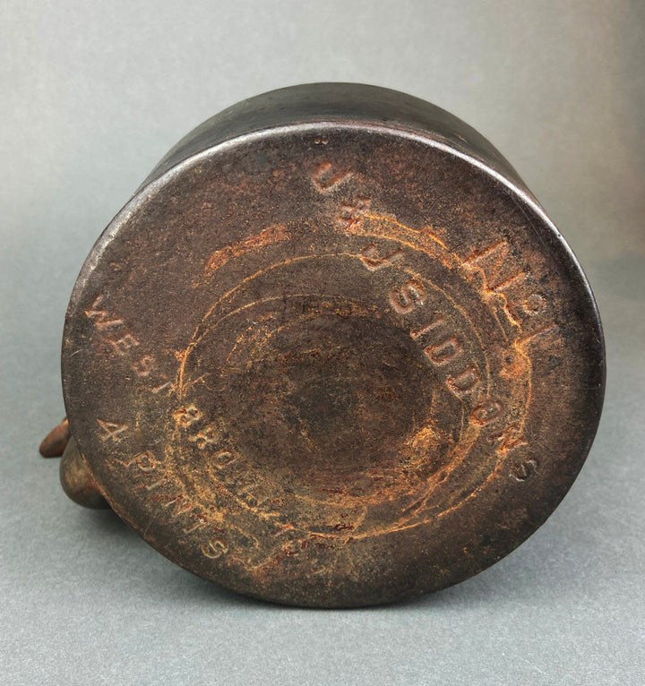 Bottom view of Antique Iron Kettle with Brass Lid - J&J Siddons - Westbromwich showing markings and dimensions.