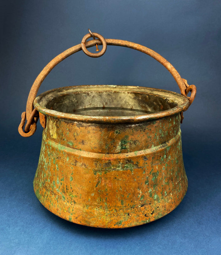 Antique Copper Cauldron with Brass Bottom & Ceramic Handles. Hand Hammered Scuttle for Firewood. Rustic Home Decor.