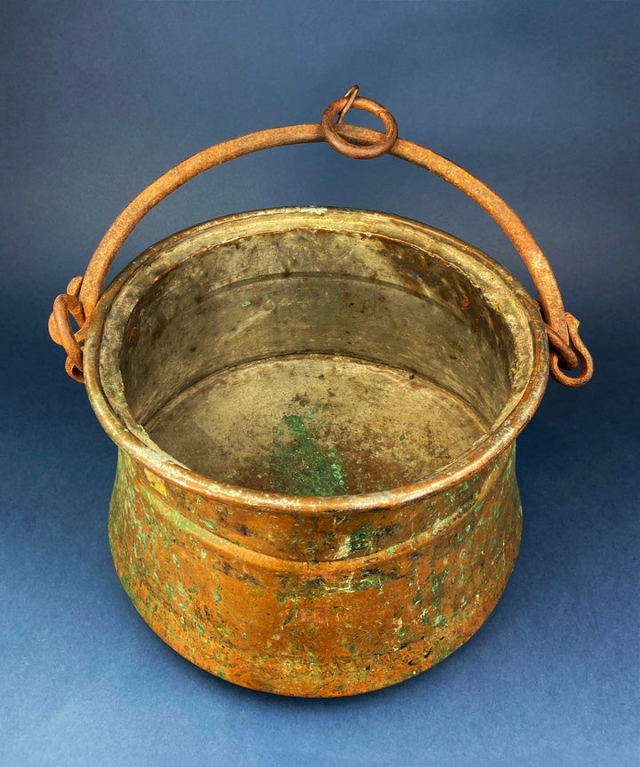 Antique Copper Cauldron. Large Hand Pounded Bucket with Wrought Iron Handle. Hand Hammered Fire Wood Scuttle. Rustic Home Decor.