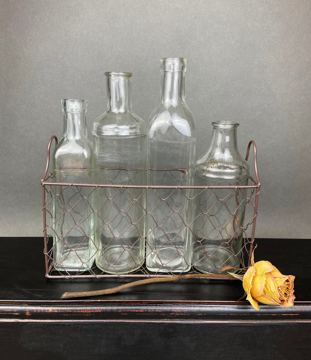 Vintage Glass Apothecary Bottles. Flower Vases in a Metal Basket. Four Collectible Bottles For Shabby Chic Home, Cafe or Store Display.