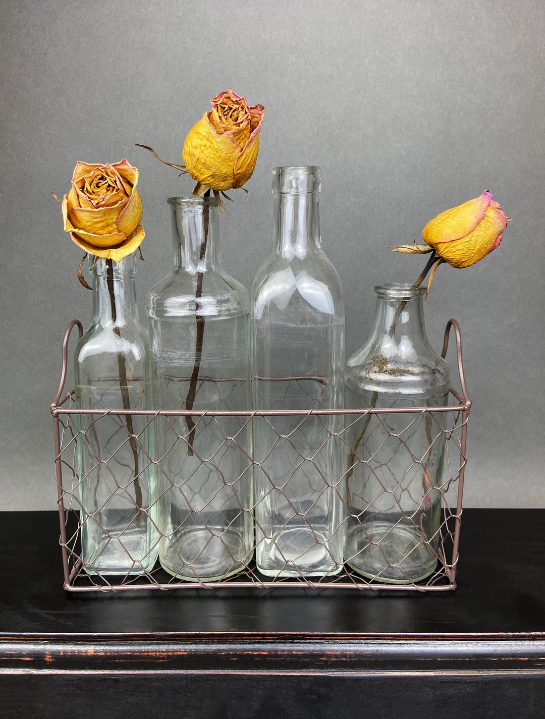Vintage Glass Apothecary Bottles. Flower Vases in a Metal Basket. Four Collectible Bottles For Shabby Chic Home, Cafe or Store Display.