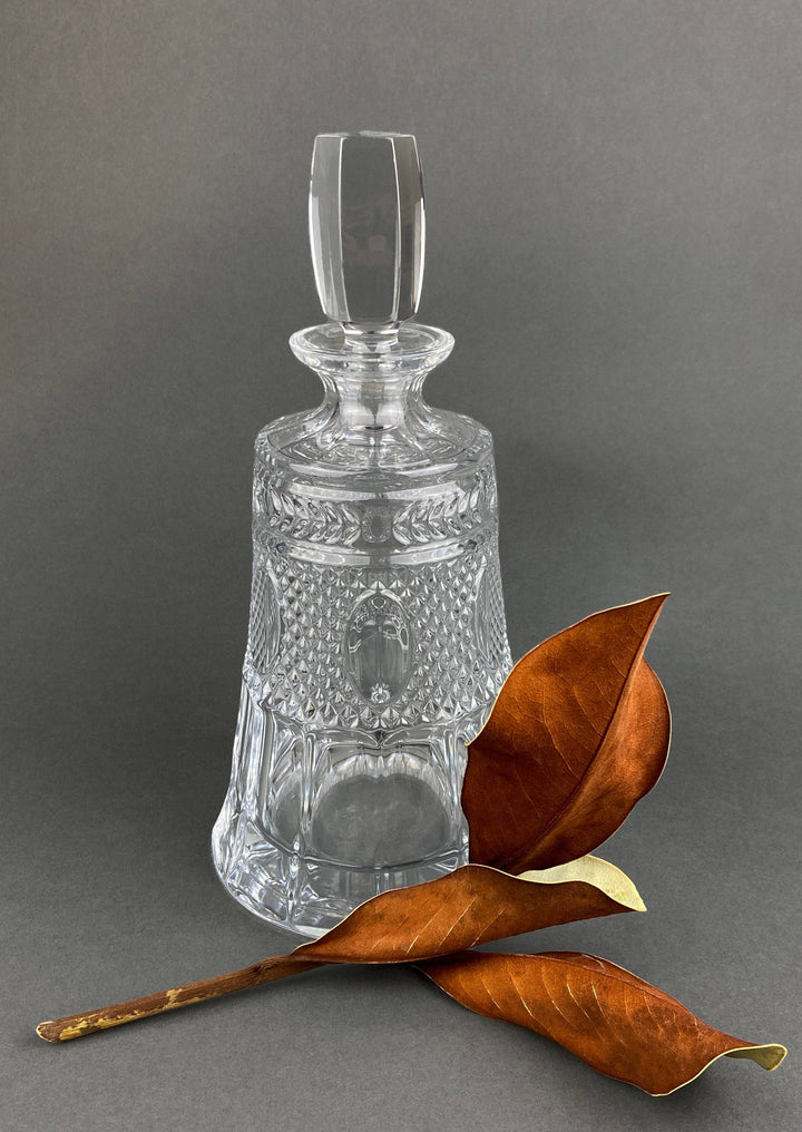 Crystal Decanter with Stopper. Cut Crystal Carafe. Clear cut design with natural accents for office or social club decor.