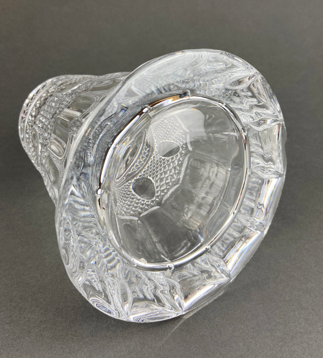 Crystal Decanter with Stopper. Cut Crystal Carafe. Clear design showcasing intricate detailing for office decor and gifts.