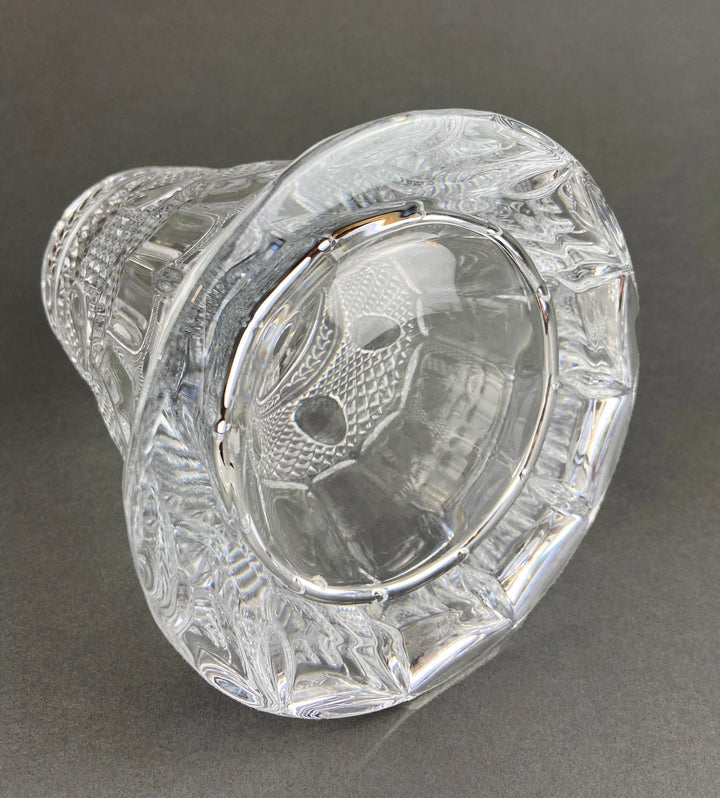 Crystal Decanter with Stopper. Cut Crystal Carafe. Clear design showcasing intricate detailing for office decor and gifts.