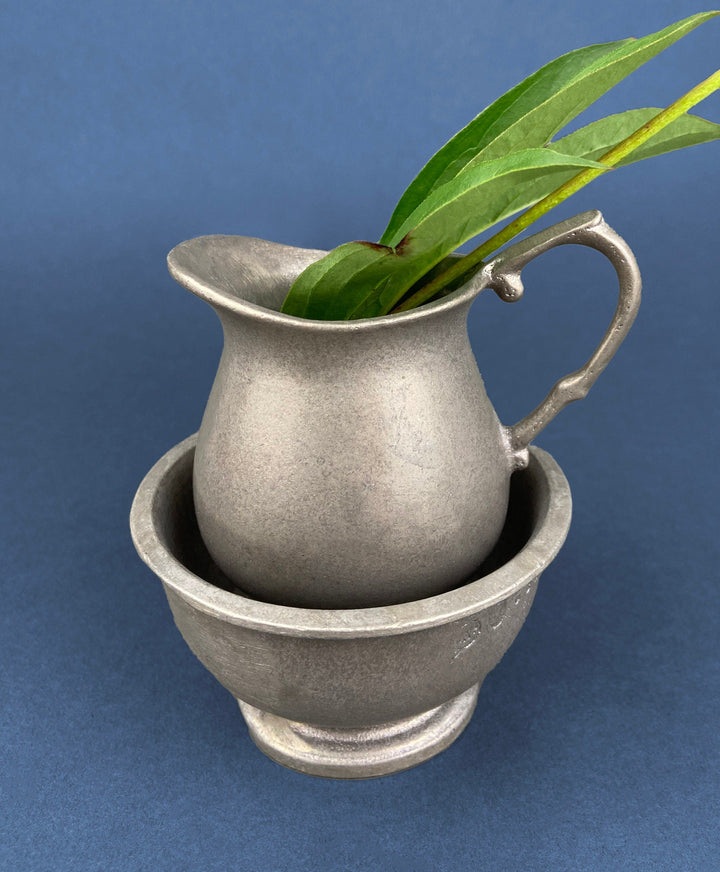 Vintage Pewter Creamer and Sugar Bowl. BWP USA. Collectible Pewter Set of Two with greenery.