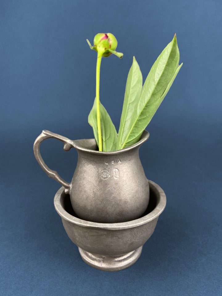 Vintage Pewter Creamer and Sugar Bowl. BWP USA. Collectible Pewter Set of Two with flower.
