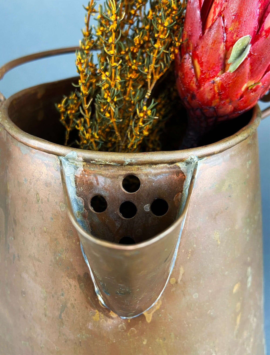 Vintage Hand Hammered Copper Jug. Primitive Pitcher. Copper Vase. Water Vessel. Collectible Rustic Home Decor with dried flowers.