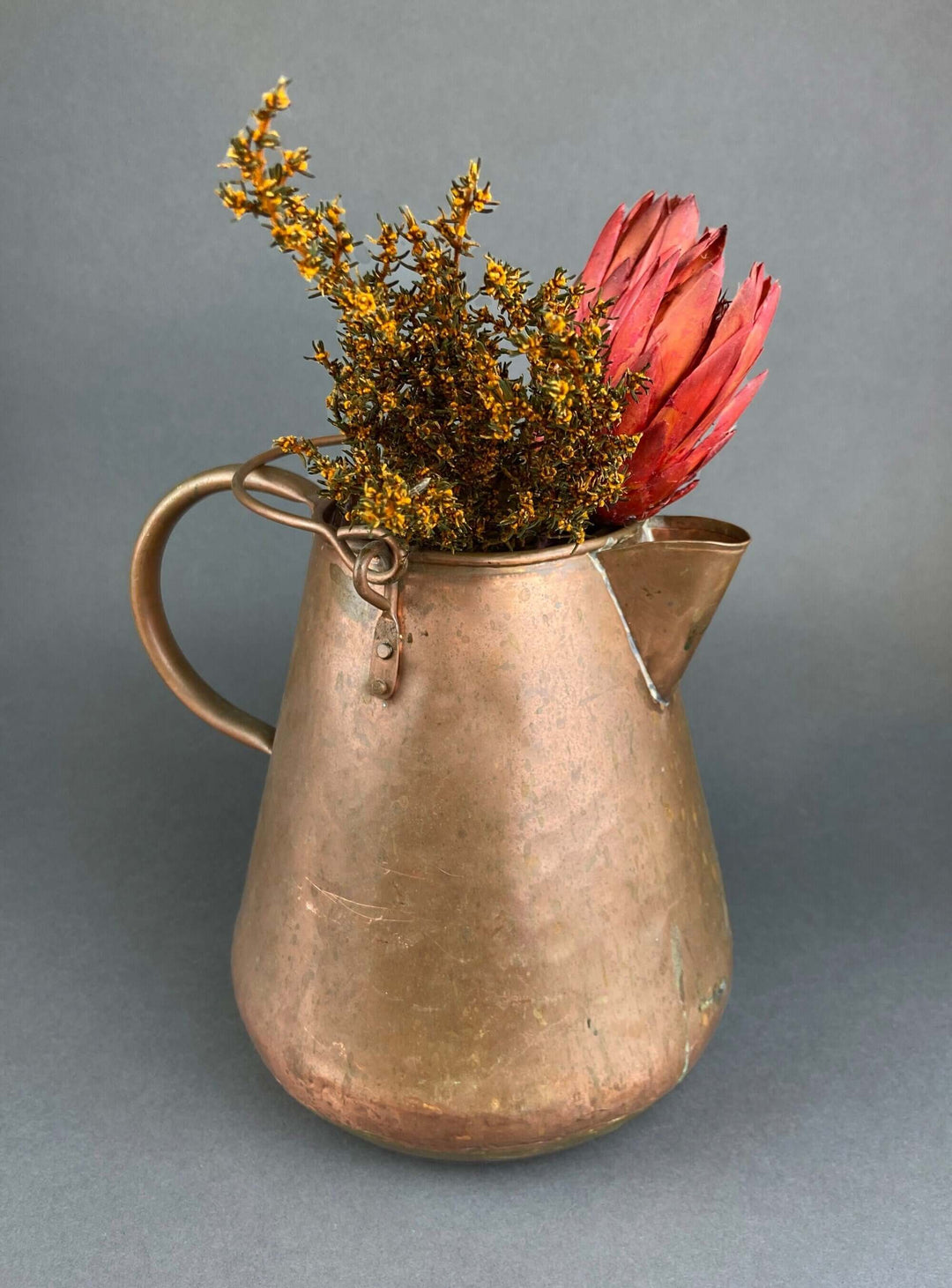 Vintage Hand Hammered Copper Jug. Primitive Pitcher. Copper Vase. Water Vessel. Collectible Rustic Home Decor with flowers.