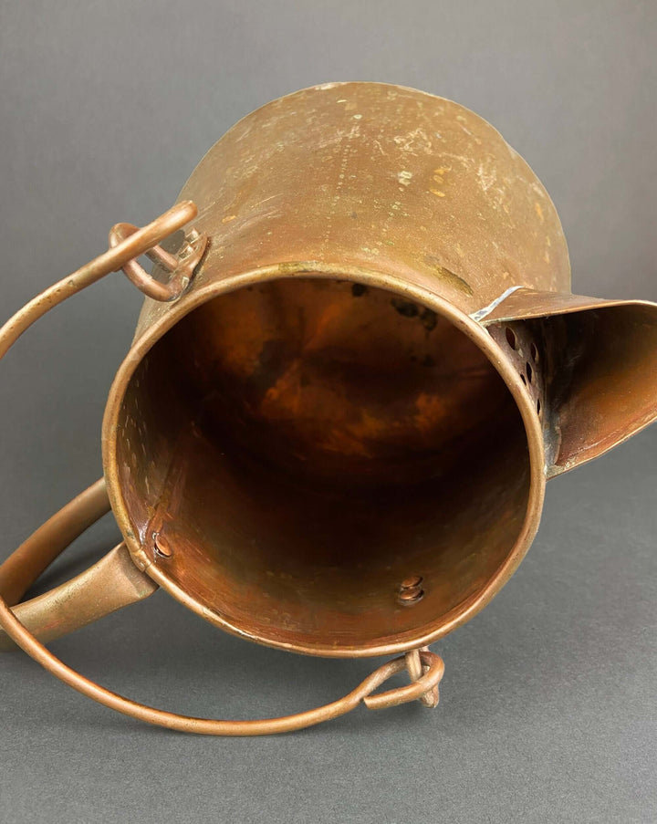 Vintage Hand Hammered Copper Jug. Primitive Pitcher. Copper Vase. Water Vessel. Collectible Rustic Home Decor showing interior.