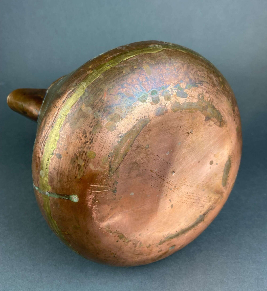 Vintage Hand Hammered Copper Jug. Primitive Pitcher. Copper Vase. Water Vessel. Collectible Rustic Home Decor. Base view.