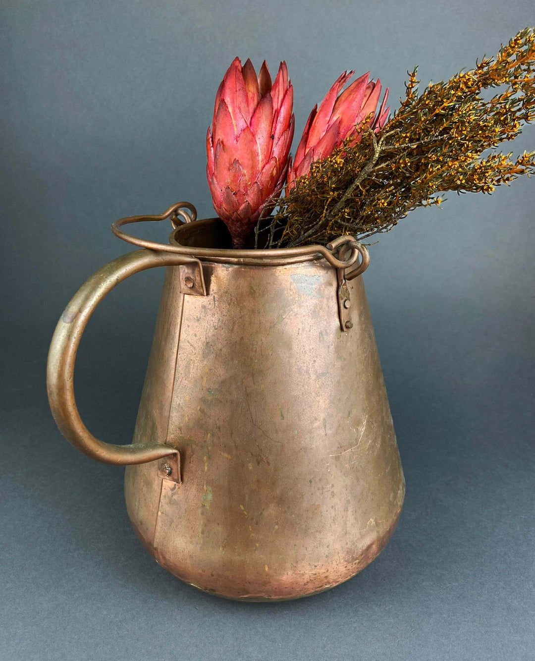Vintage Hand Hammered Copper Jug. Primitive Pitcher. Copper Vase. Water Vessel. Collectible Rustic Home Decor with flowers.