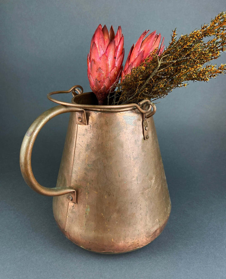 Vintage Hand Hammered Copper Jug. Primitive Pitcher. Copper Vase. Water Vessel. Collectible Rustic Home Decor with flowers.
