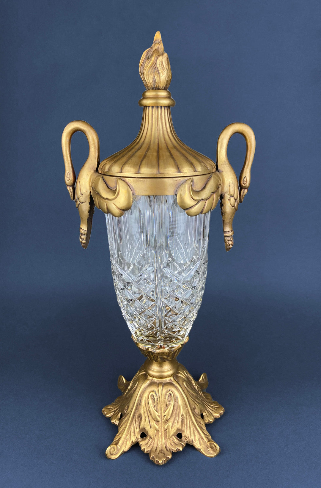 Vintage Hand Blown Bubble Glass Brass Urn Jar, Pineapple Design on display, featuring a detailed golden lid and elegant handles.