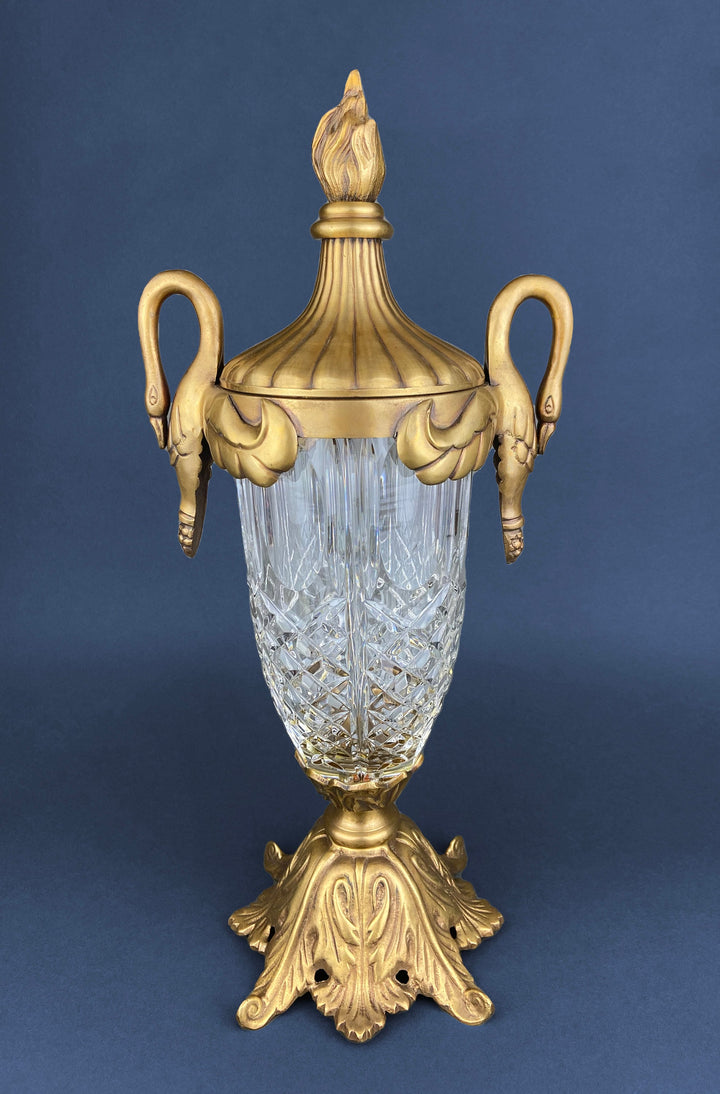 Vintage Hand Blown Bubble Glass Brass Urn Jar, Pineapple Design on display, featuring a detailed golden lid and elegant handles.
