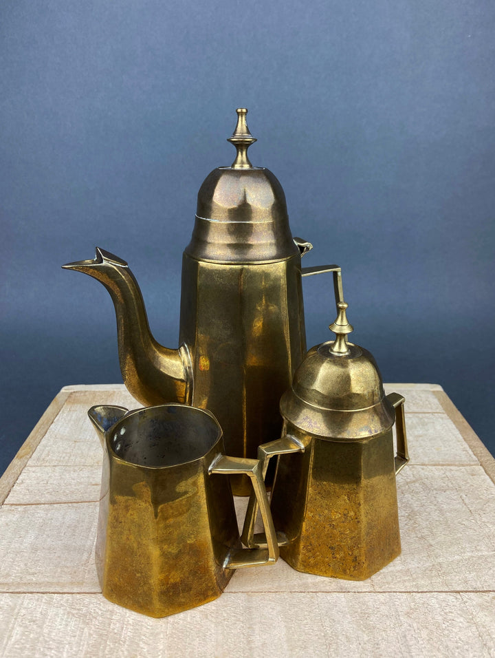 Antique Brass Coffee Set with Coffee Pot, Creamer & Sugar Bowl. Heavy Brass Pots with Handles. Kitchen Accessories.