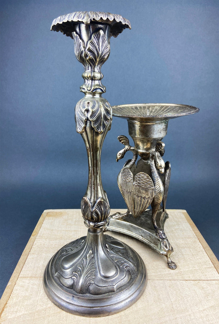 Antique Pillar Candle Holder/Silver Plated Candle Stand/Art Nouveau Relief. Fine Dining. Large candle stick holder with floral relief.