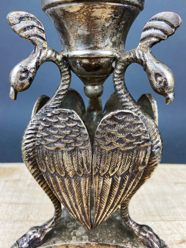 Antique Pillar Candle Holder/Silver Plated Candle Stand/Art Nouveau Relief. Fine Dining. Intricate floral design with swans.