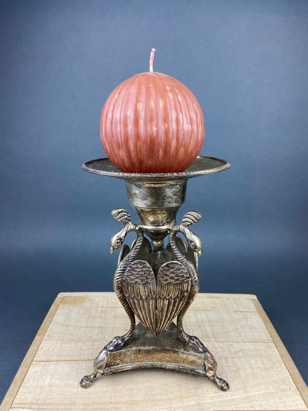 Antique Pillar Candle Holder/Silver Plated Candle Stand/Art Nouveau Relief. Fine Dining. with pumpkin-shaped candle.