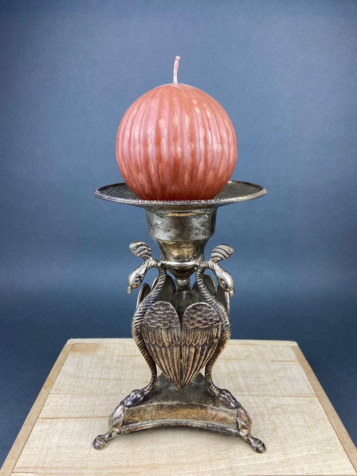 Antique Pillar Candle Holder/Silver Plated Candle Stand/Art Nouveau Relief. Fine Dining. with pumpkin-shaped candle.