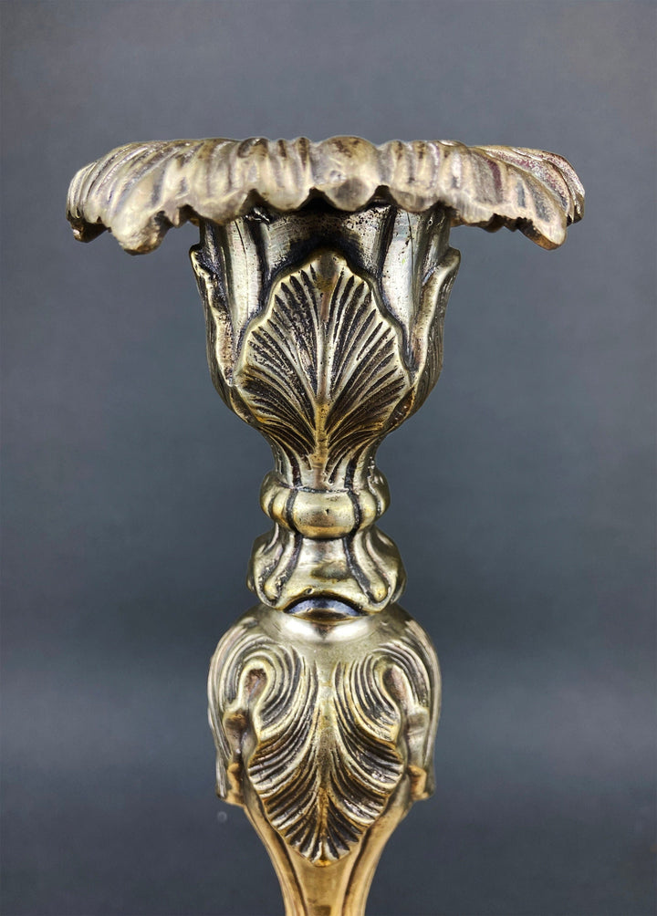 Antique Pillar Candle Holder/Silver Plated Candle Stand/Art Nouveau Relief. Fine Dining. Floral relief detail close-up.