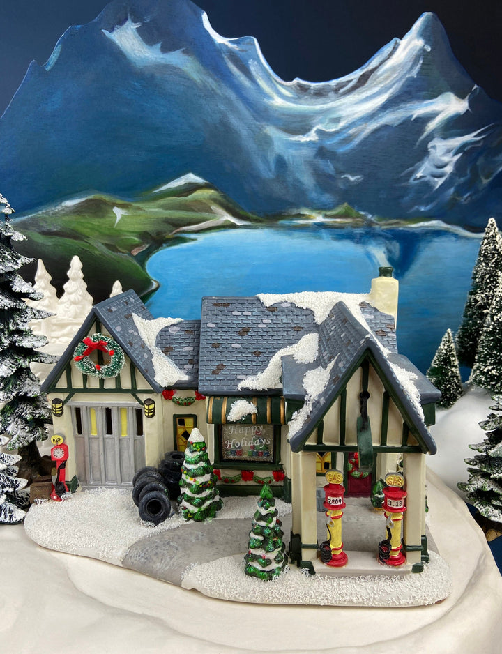 Porcelain Train Station with Clock Tower. Illuminated Christmas Village House. Not Marked by Manufacturer. Holiday Decor.