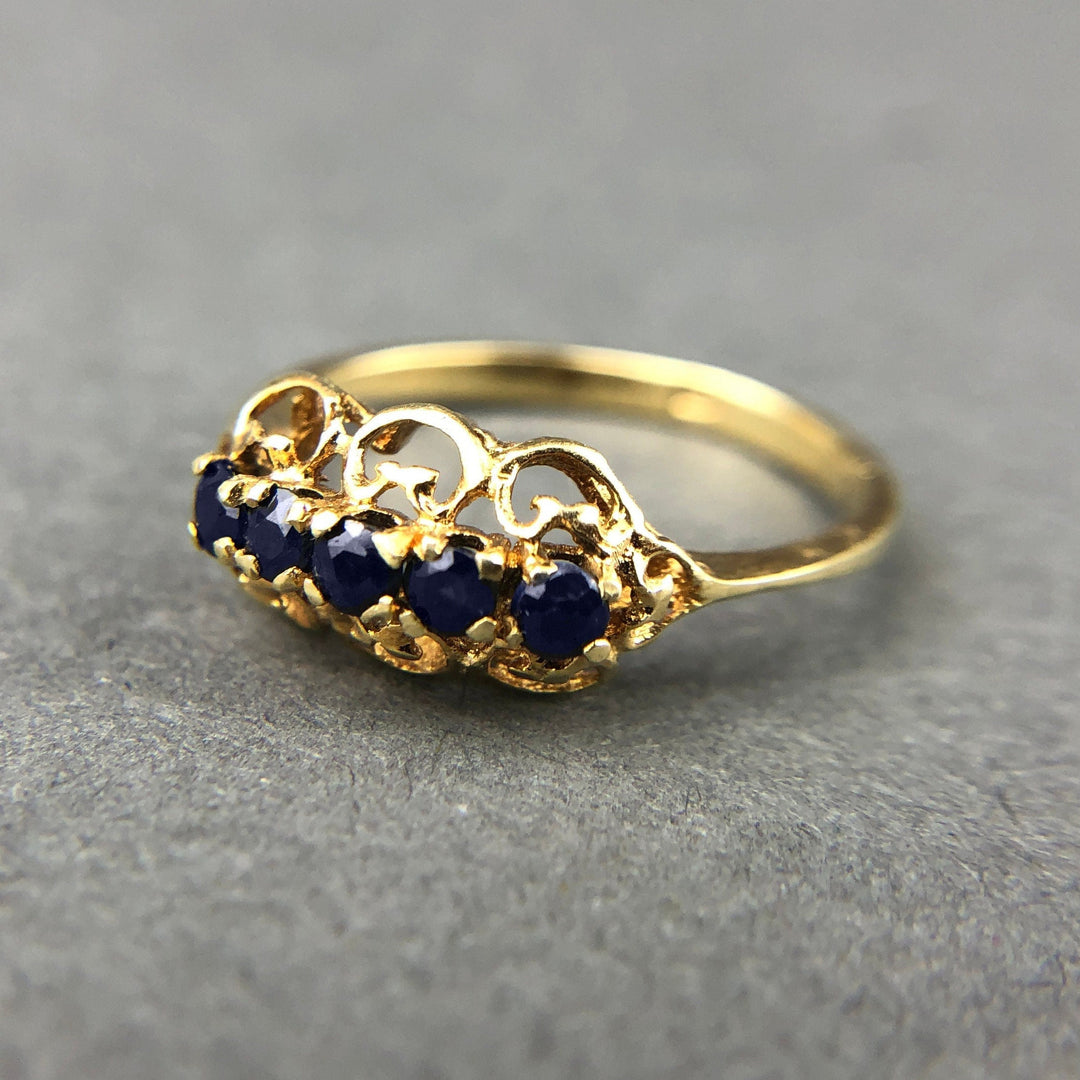 Vintage 14K Gold Five-Stone Sapphire Filigree Ring