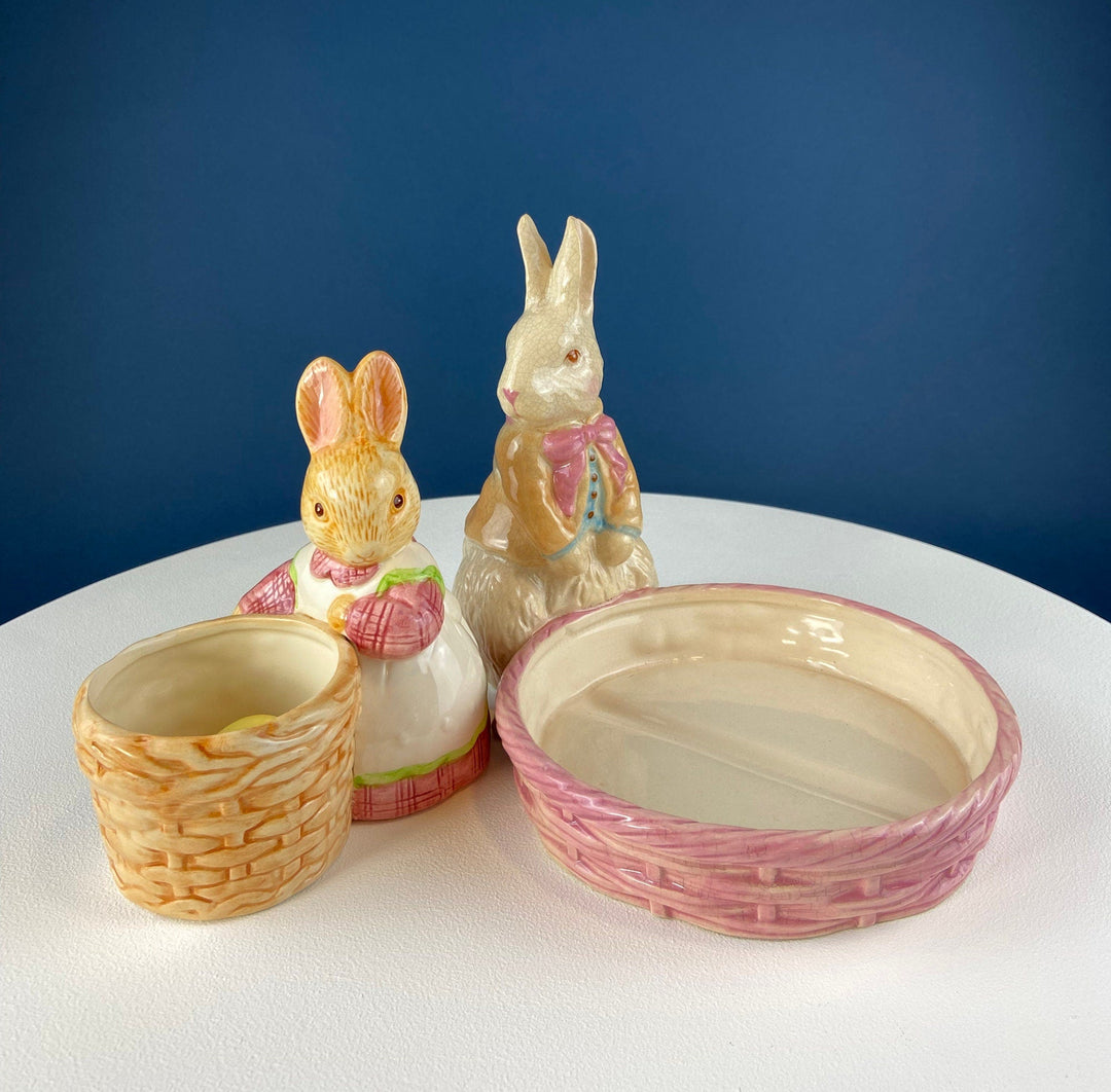 Porcelain Mom Bunny Figurine. Hand-Painted Girl Rabbit Wearing Apron and Carrying Basket. Vintage Easter Display. Kids Room.