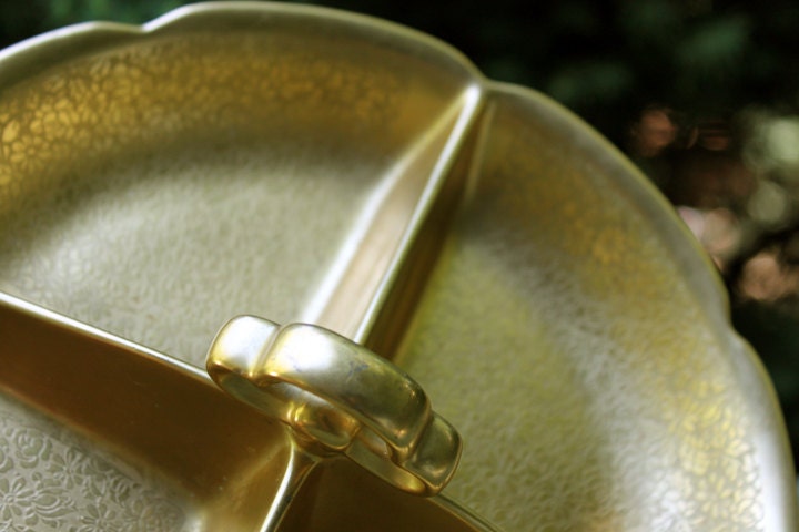 Pickard Divided Bowl with Embossed Rose and Daisy Pattern Over 24 Karat Gold, featuring center holder and scalloped edge.