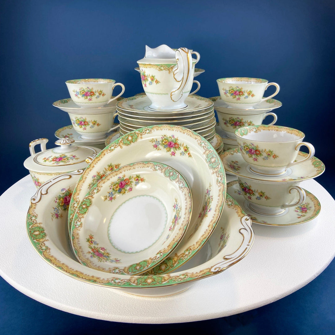 Vintage Green Floral Fine China Dinnerware Set