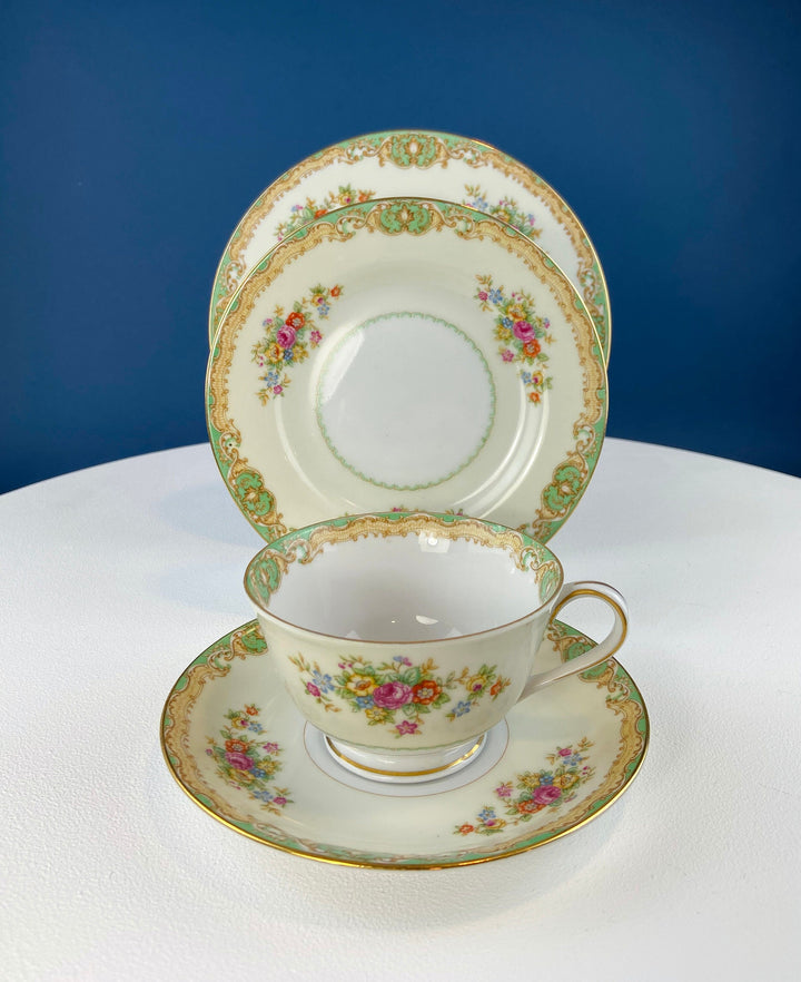 Vintage Green Floral Fine China Dinnerware Set