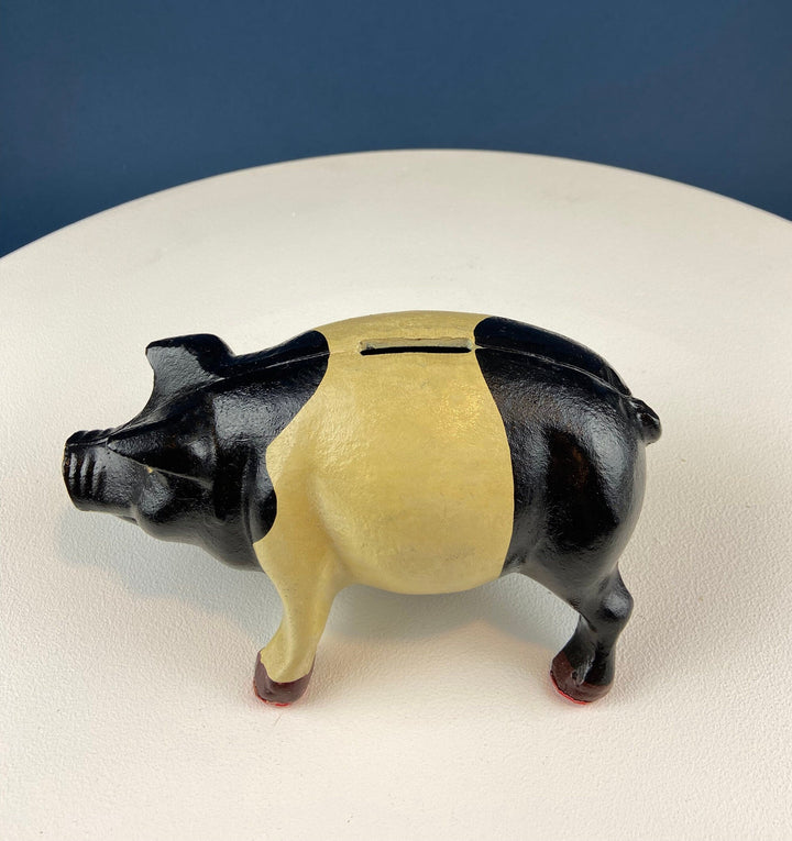 Vintage Cast Iron Piggy Bank. Black/White Metal Pig for Collecting Coins. Collectible Animal Shape Bank. Gift for Kids, Grandkids, Students