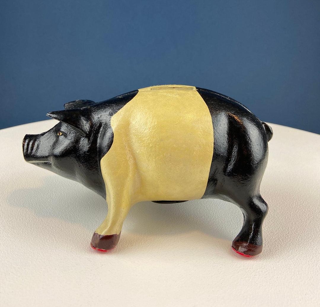Vintage Cast Iron Piggy Bank. Black/White Metal Pig for Collecting Coins. Collectible Animal Shape Bank. Gift for Kids, Grandkids, Students