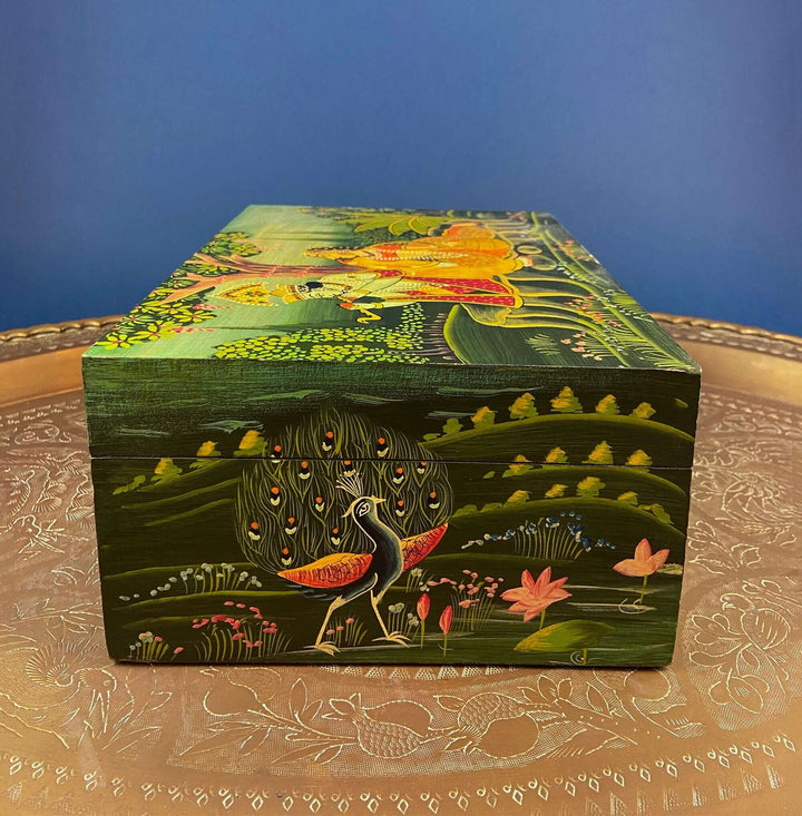 Handpainted Wooden Storage Box. Indian Themed Trinket Box. Rustic, Colorful Treasure Box Depicting Man & Woman in a Garden.